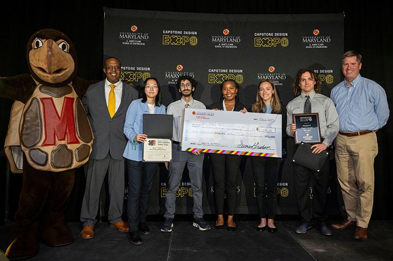 Dean's Award winners with Testudo, Dean Samuel Graham, Jr., and Fischell Department of Bioengineering Chair John Fisher